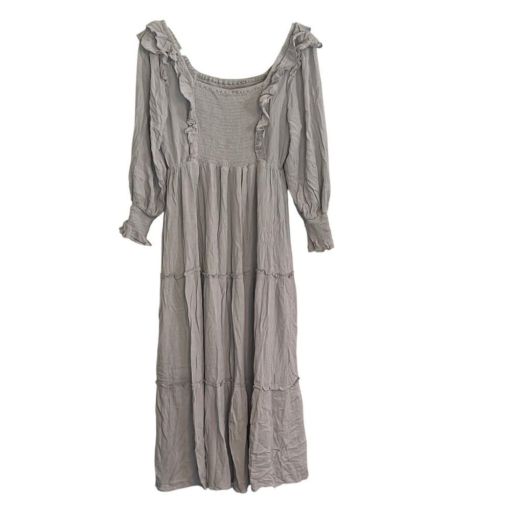 In‎ Loom Blue Smocked Ruffle Tiered Midi Dress Long Sleeve Cottagecore Prarie